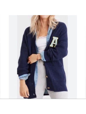Aerie Navy Academic Waffle Knit Long Cardigan M Preppy Oversized Relaxed
